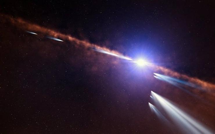 Impresión artística de exocometas que orbitan ao redor da estrela Beta Pictoris 
