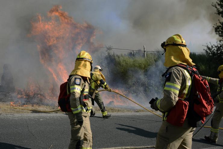 Varios bombeiros tratan de apagar o lume durante o incendio forestal na parroquia de Oseira en San Cristovo de Cea, Ourense. Rosa Veiga - Europa Press / Europa Press