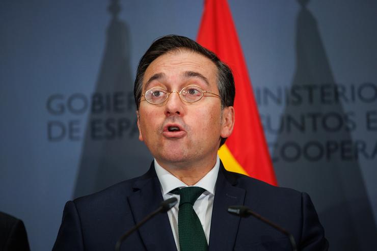 O ministro de Asuntos Exteriores, Unión Europea e Cooperación, José Manuel Albares, ofrece unha rolda de prensa tras unha reunión para abordar o conflito entre Palestina e Israel, no Palacio de Santa Cruz, a 13 de setembro de 2024, en Madrid (España. Alejandro Martínez Vélez - Europa Press