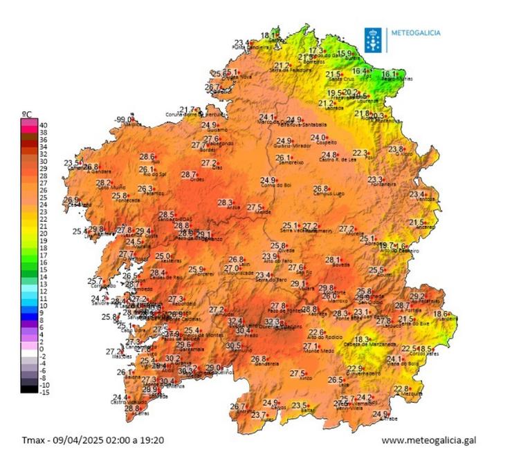 Temperaturas máximas rexistradas en Galicia o 9 de abril. METEOGALICIA / Europa Press