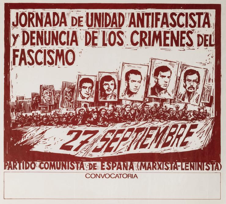 «Jornada de unidad antifascista y denuncia de los crímenes del fascismo»  Chamamento á mobilización polos últimos crimes do franquismo do 27 de setembro de 1975. Debuxo dunha manifestación con retratos dos asasinados. 