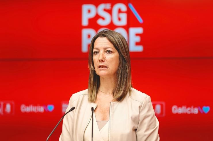 A secretaria de Organización do PSdeG, Lara Méndez, en rolda de prensa, a 3 de xullo de 2025.. PSDEG / Europa Press