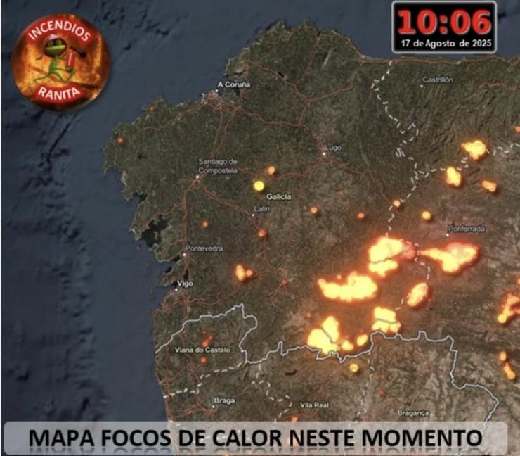 Mapa dos incendios en Galicia a 17/08/2025. Cedida