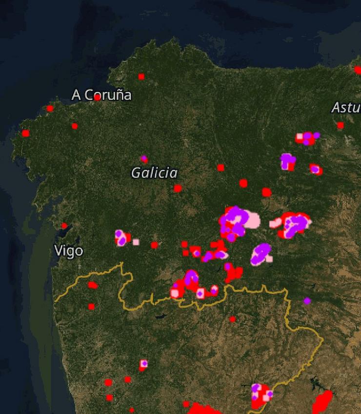 Imaxe dos lumes en Galicia a través da Web Copernicus