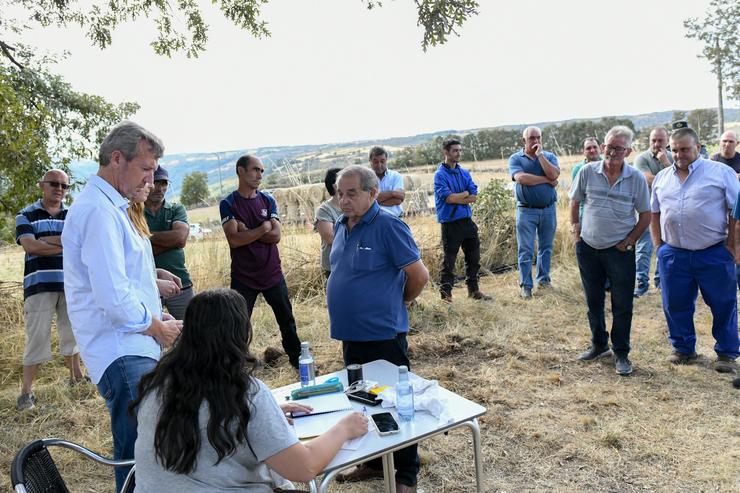 O presidente da Xunta, Alfonso Rueda, visita un das reparticións de alimentación para gañado en Chandrexa de Queixa (Ourense).. XUNTA