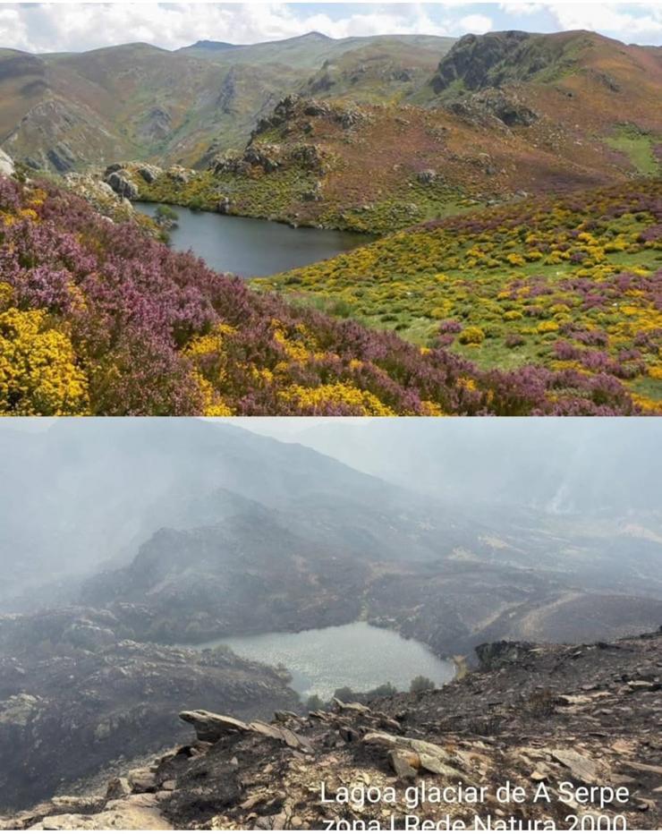 Así quedou a Lagoa da Serpe, en Trevinca, antes e despois da vaga de incendios de Ourense 