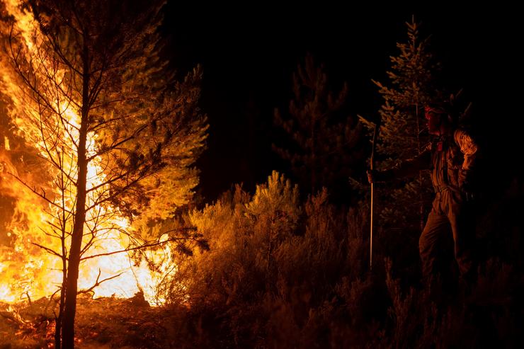Un bombeiro forestal trata de extinguir o lume, a 22 de agosto de 2025, en Argayo, León, Castela e León (España). Axudados pola caída das temperaturas e unha climatoloxía máis benigna que a dos últimos días, os servizos de extinción de incendio. Lorena Sopêna - Europa Press