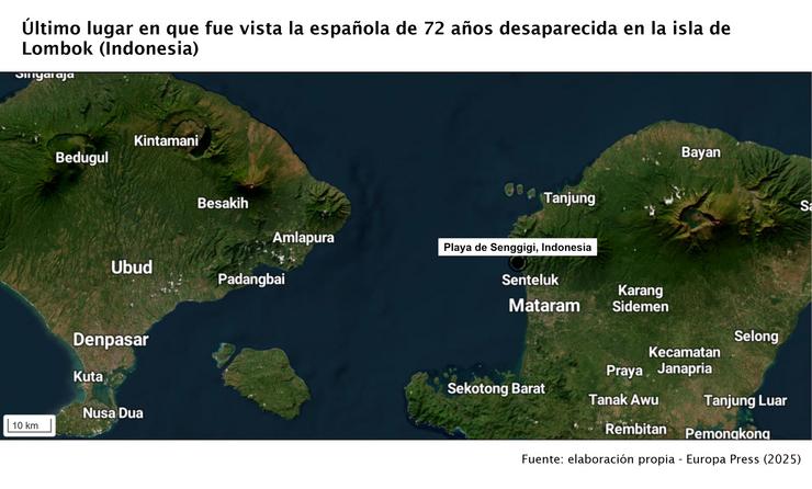 Mapa do último lugar en que foi vista a española de 72 anos desaparecida na illa de Lombok (Indonesia). EPDATA 
