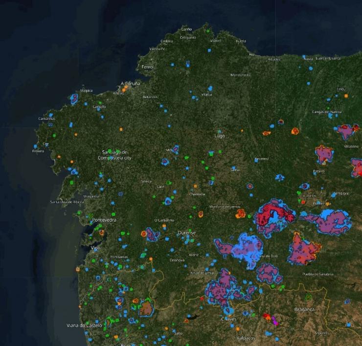 Imaxe dos incendios forestais de xullo e agosto de 2025, segundo o sistema de información EFFIS, do programa europeo Copernicus.. EFFIS-COPERNICUS 