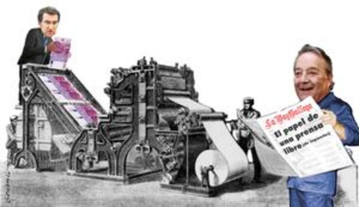 'Feijóo alimenta a máquina de Santiago Rey'. Gonzalo Vilas fixo esta ilustración para a reportaxe do Novas da Galiza e o GC sobre as axudas aos medios.