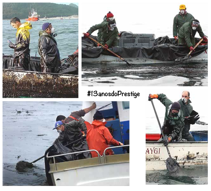 Voluntarios e mariñeiros loitando contra a marea negra do Prestige 