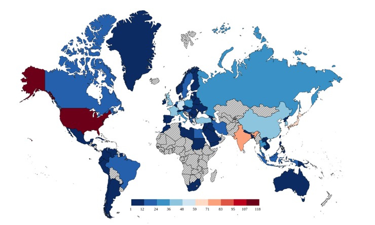 Distribución xeográfica das universidades que aparecen entre as cen mellores no Wikipedia Ranking of World Universities. / José Lages, Antoine Patt, Dima Shepelyansky. 