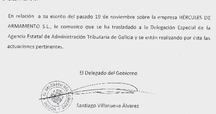 Resposta do Delegado do Goberno a unha  denuncia dos traballadores de Hércules