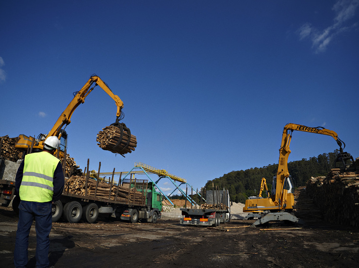 Operarios de ENCE trafegando madeira 