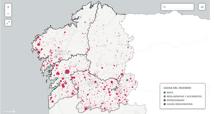 Mapa coas principais causas dos lumes en Galicia