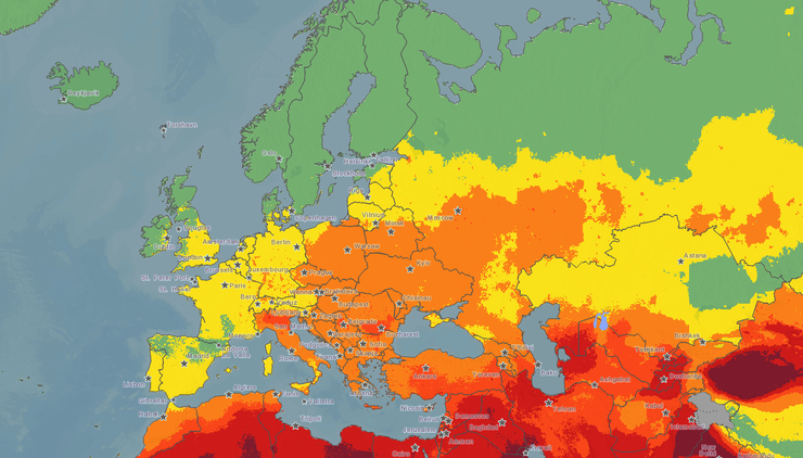 Mapa da Organización Mundial da Saúde que mostra os niveis de contaminación do aire en Europa, sendo as zonas verdes as que se atopan en índices aceptables para a saúde e o resto, por riba do aconsellado 