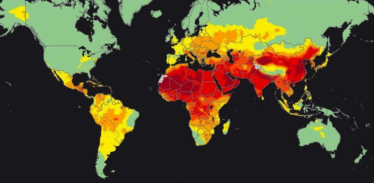 Mapa mundial da calidade do aire realizado pola Organización Mundial da Saúde. As zonas vermellas presentan os peores índices e as verdes, os mellores 
