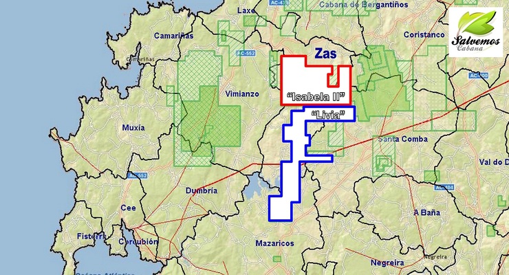 Mapa dos permisos de investigación mineira Isabela II en vermello e Livia en azul 