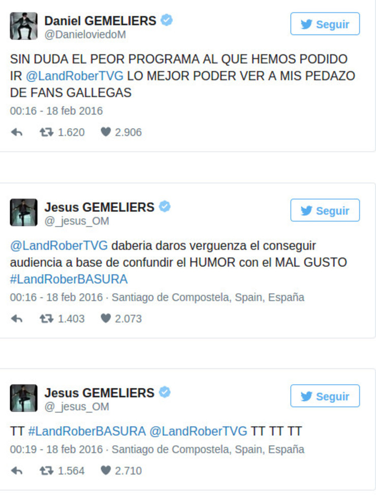 Tuits de Gemeliers contra o programa Land Rober da TVG