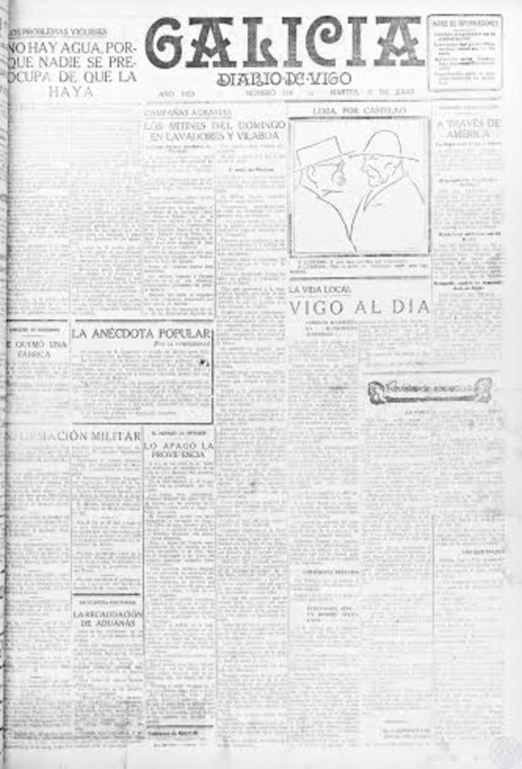 Galicia. Diario de Vigo. Martes 31 de Xullo de 1923. Primeira plana. Leria, por Castelao: O Letrado: “E que non sabedes ser ciudadanos”. O Labrego: “Non se pode ser ciudadano onde non hai xustiza”.