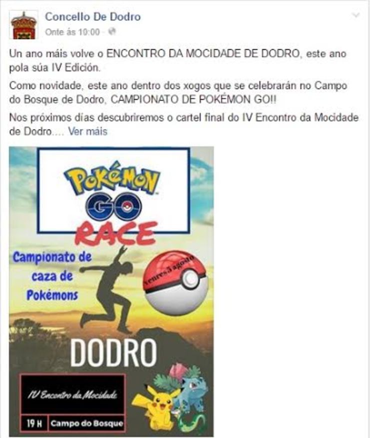 O Concello de Dodro subvenciona un concurso de caza de pokemon go