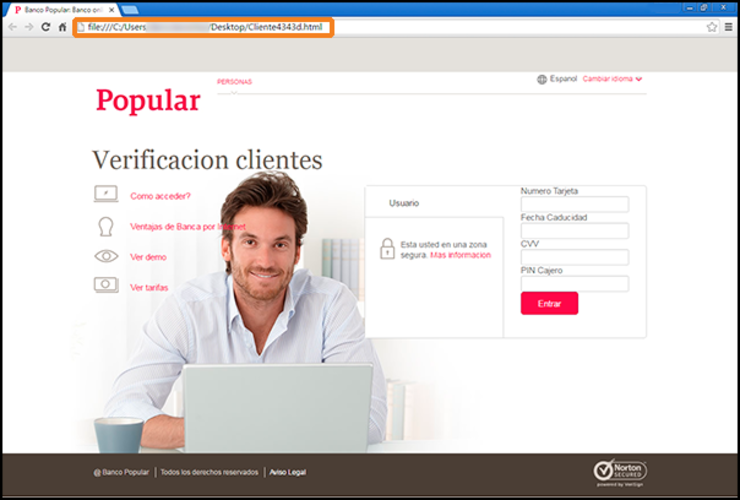 Intento de phising na páxina web do Banco Pastor 