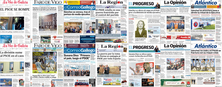 Portadas da prensa galega que recollen a crise do PSOE 