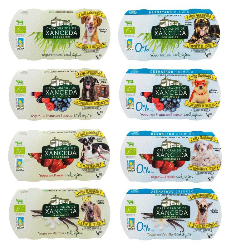 Tapas dos iogures de Xanceda cunha campaña a favor dos cans abandonados.