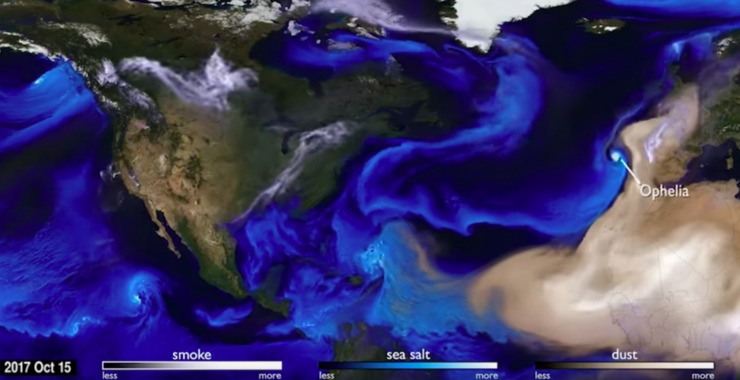 Simulación da NASA que mostra o impacto conxunto en Europa do furacán ‘Ophelia’, os incendios en Galicia e Portugal e o po do Sáhara a mediados de outubro de 2017.  