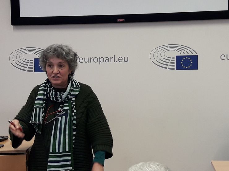 Lidia Senra nunha xuntanza con xornalistas no Parlamento europeo