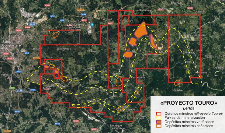 Plano que ilustra as afeccións e alcance sobre o territorio do proxecto global para a mina de cobre de Touro-O Pino proposto pola empresa Atalaya Mining e que abarca 122 quilómetros cadrados.