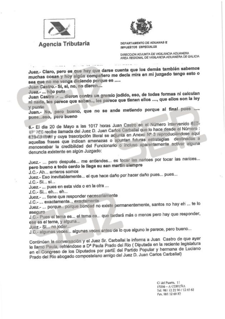 Informe de Vigilancia Aduanera sobre as conversas intervidas aos xuíces con Juan Castro 