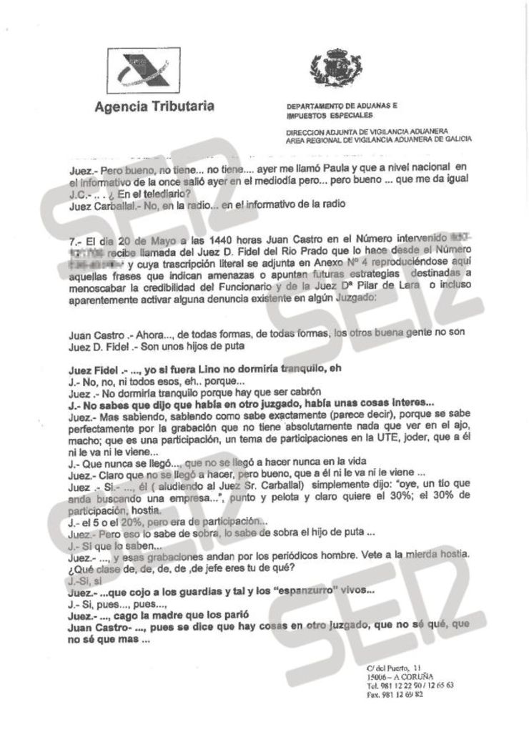 Informe de Vigilancia Aduanera sobre as conversas intervidas aos xuíces con Juan Castro 