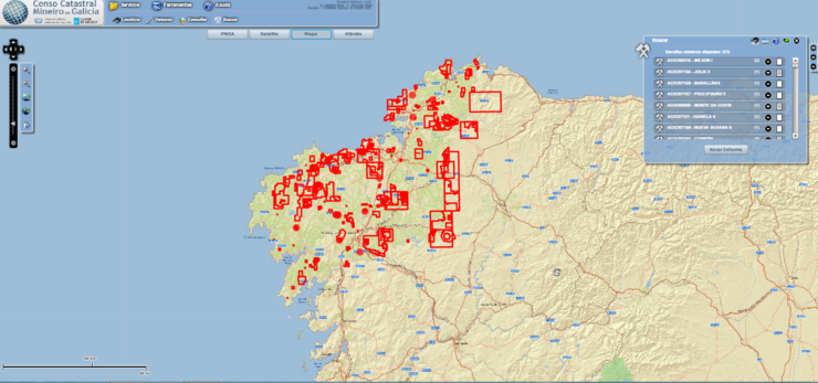 Dereitos mineiros solicitados /ou outorgados na provincia de A Coruña / Datos do Censo Catastral mineiro de Galicia