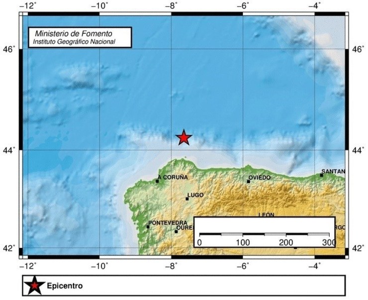 Epicentro do terremoto de 3,2 graos na escala de Richter rexistrado fronte a costa galega 