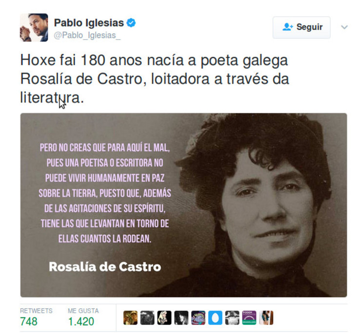 Tuit de Pablo Iglesias sobre Rosalía de Castro