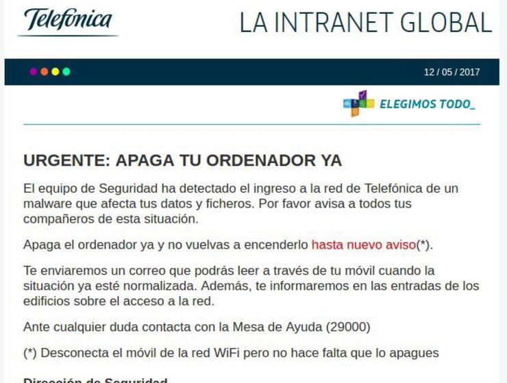 Alerta aos traballadores de Telefónica tras detectarse un ataque informático á súa rede interna.