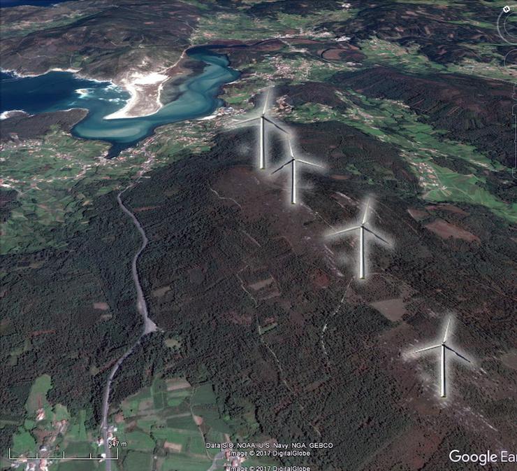 Representación virtual do Parque Eólico Mouriños, nos concellos de Cabana de Bergantiños e Zas 