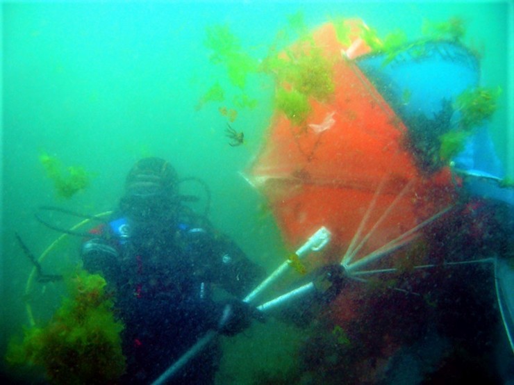 Un mergullador do Proxecto Hippoparques recolle un parasol no fondo mariño das illas Cíes / Proxecto Hippoparques.