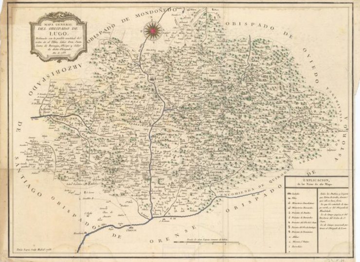 Mapa de 1768 da Diocese de Lugo que sinala a Vía Künig