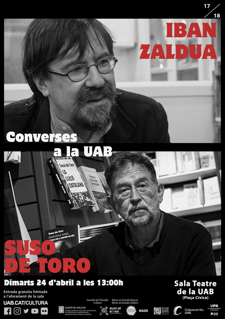 Cartel cos escritores Iban Zaldua e Suso de Toro que participan nos actos do San Jordi