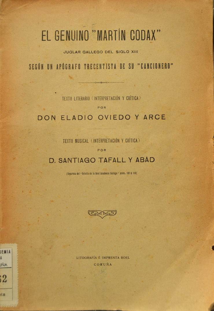 Cuberta da separata co estudo do Pergamiño Vindel que o académico Eladio Oviedo y Arce publicara no Boletín da Academia entre 1916 e 1917 