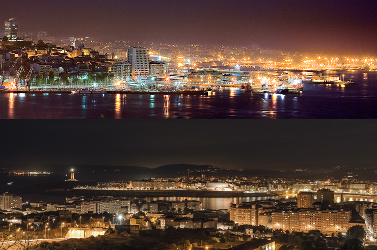Vigo (enriba) e A Coruña 