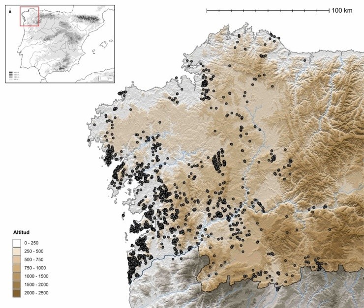 Mapa coa distribución das estacións rupestres identificadas en Galicia 