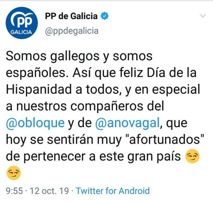 Tuit publicado polo PPdeG no que felicita o 12 de outubro a BNG e Anova. TWITTER  / EUROPA PRESS / Europa Press