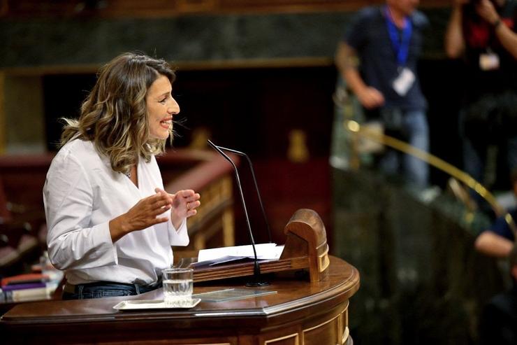 A deputada de Galicia en Común Yolanda Díaz durante a primeira xornada do Debate de Investidura 2019 