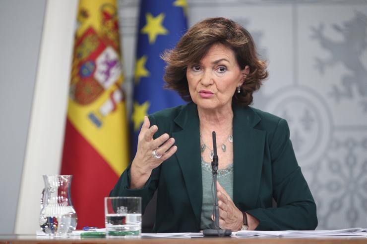 A vicepresidenta do Goberno, ministra da Presidencia, Relacións coas Cortes e Igualdade en funcións, Carmen Calvo,  comparece ante os medios de comunicación tras a reunión do Consello de Ministros en Moncloa, en Madrid (España), a 31 de octubr. Eduardo Parra - Europa Press