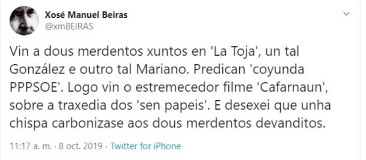 Tuit publicado polo histórico dirixente nacionalista Xosé Manuel Beiras. CAPTURA DE PANTALLA / Europa Press