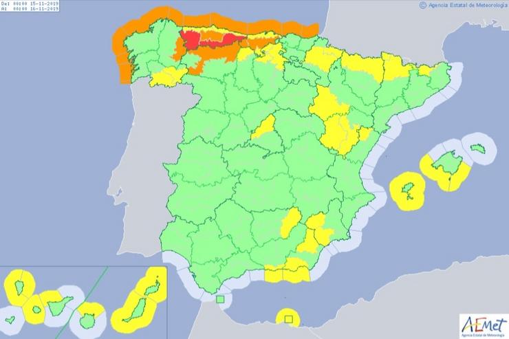 Mapa de España que mostra os avisos do AEMET para este venres 15 de novembro de 2019. AEMET / Europa Press
