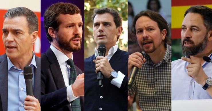 Imaxe dos cinco candidatos ao 10N: Pedro Sánchez (PSOE), Pablo Casado (PP), Albert Rivera (Cs), Pablo Igrexas (Unidas Podemos) e Santiago Abascal (Vox) 